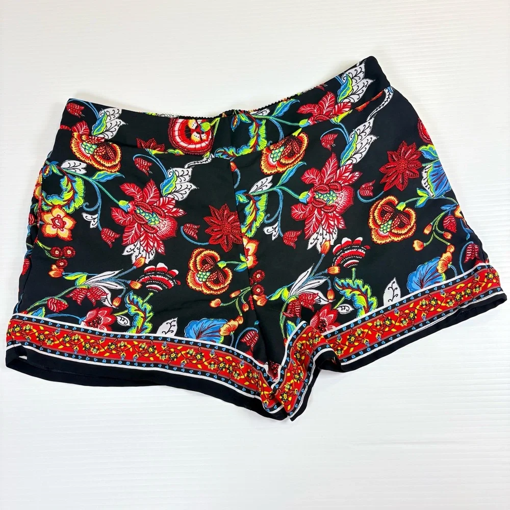 By & By Floral Boho Shorts Black Print Festival Summer Pull On Lightweight
